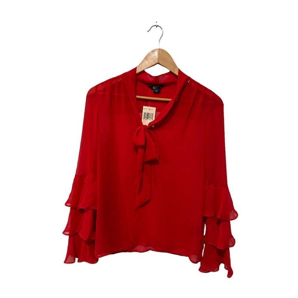 NWT NEW Marciano for Guess Sheer True Red Ruffle Scalloped Blouse Tie Neck XS
